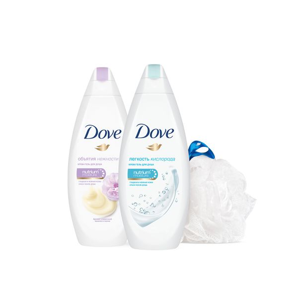 

Dove Набор Красота и Нежность крем-гель для душа Легкость кислорода 250мл + крем-гель для душа Сливочная ваниль и пион 250 мл + мочалка